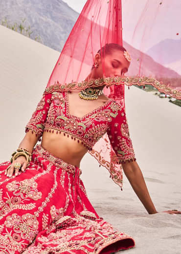 Red Zardosi Embroidered Lehenga Set With Two Dupattas