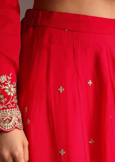 Red Zari Work Kurta Palazzo Suit With Organza Dupatta