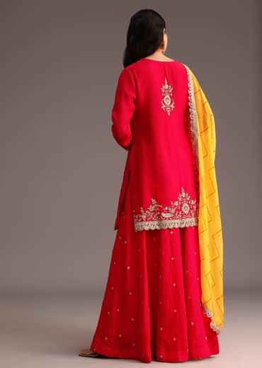Red Zari Work Kurta Palazzo Suit With Organza Dupatta