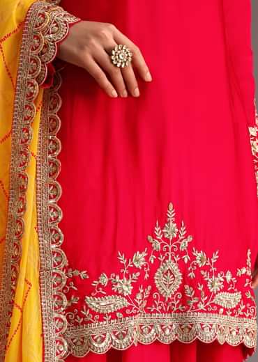 Red Zari Work Kurta Palazzo Suit With Organza Dupatta