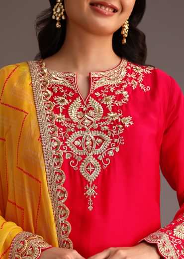 Red Zari Work Kurta Palazzo Suit With Organza Dupatta
