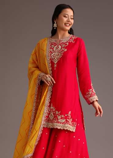 Red Zari Work Kurta Palazzo Suit With Organza Dupatta