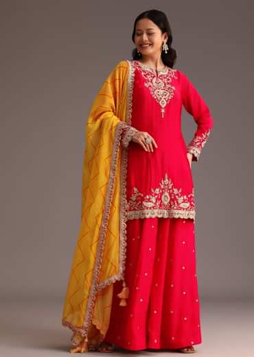 Red Zari Work Kurta Palazzo Suit With Organza Dupatta