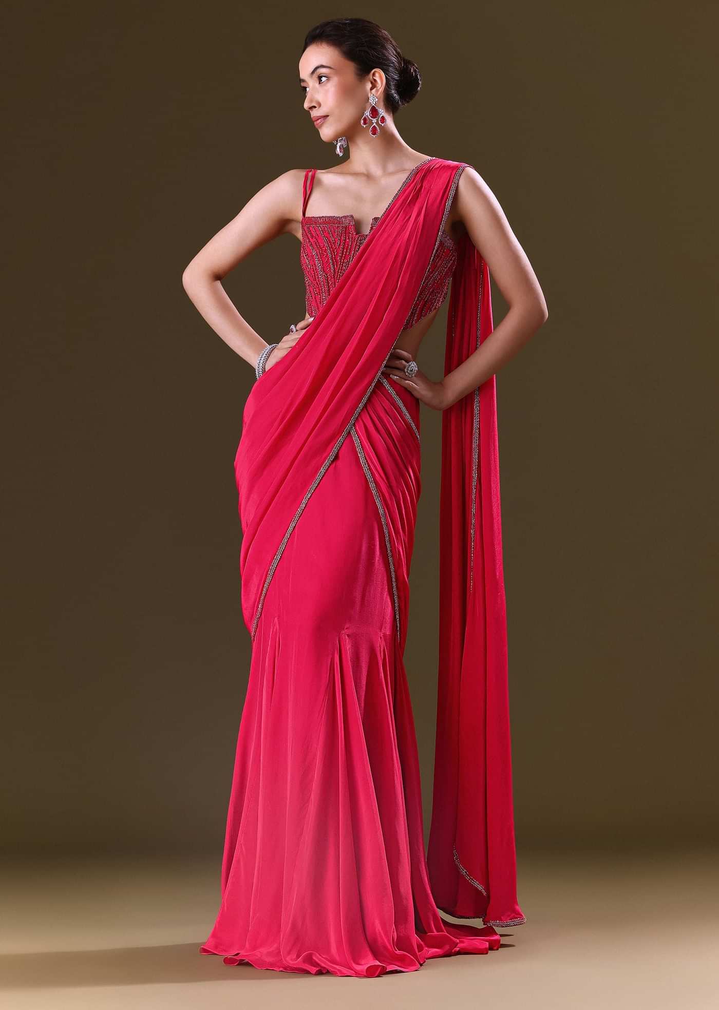 Reddish Pink Pre Stitched Draped Saree With Corset Fit Embroidered Blouse