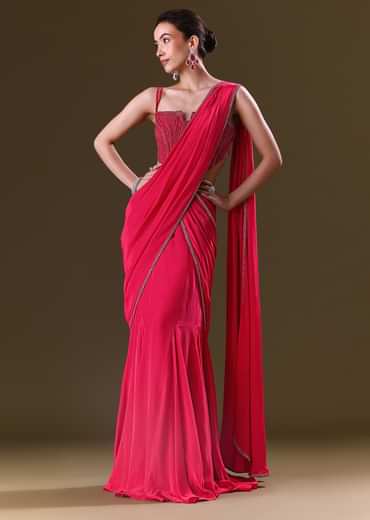 Reddish Pink Pre Stitched Draped Saree With Corset Fit Embroidered Blouse