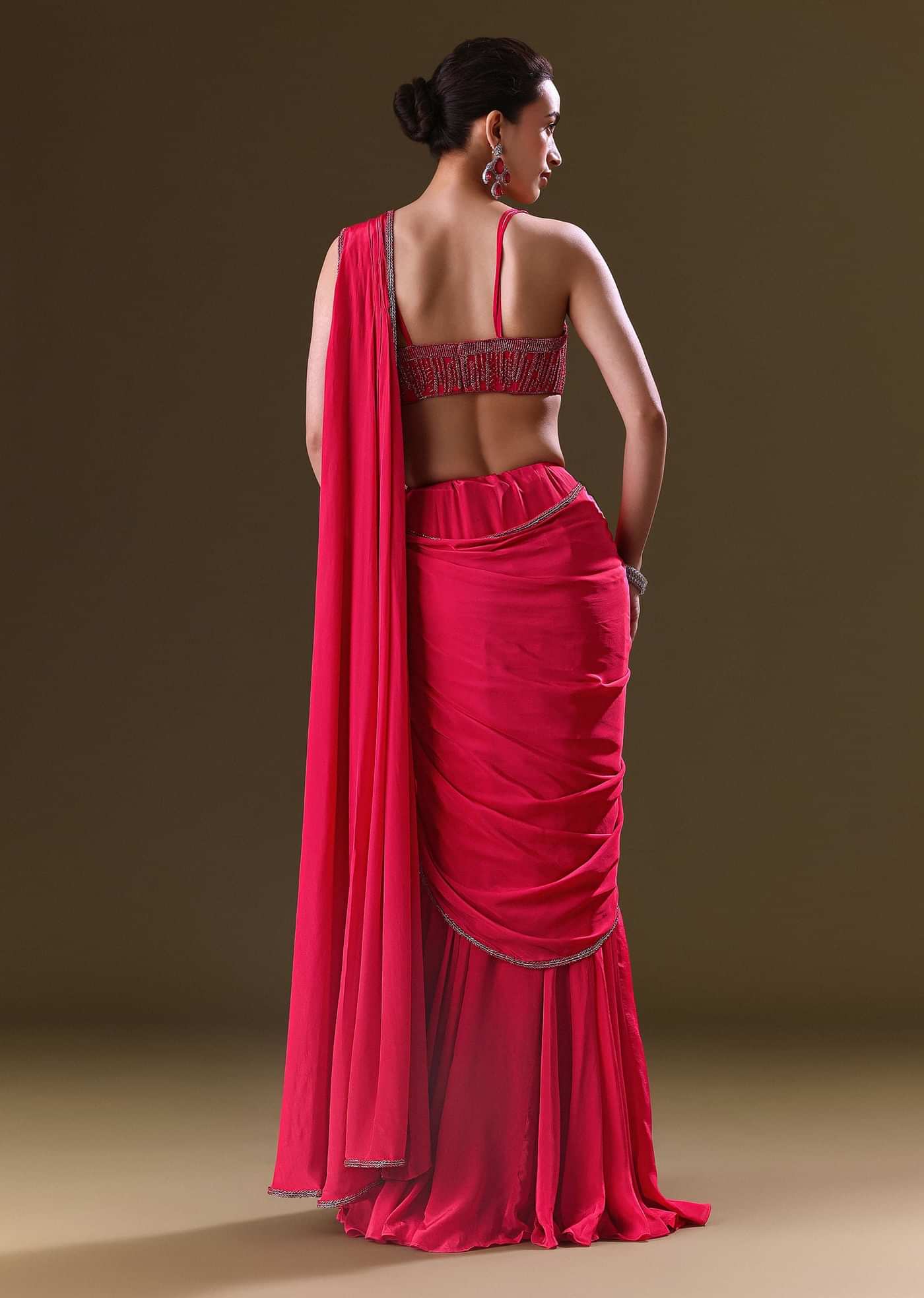 Reddish Pink Pre Stitched Draped Saree With Corset Fit Embroidered Blouse
