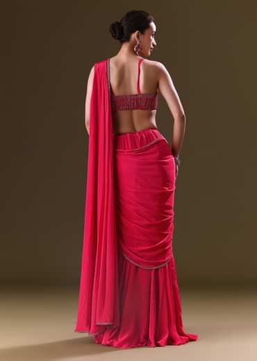 Reddish Pink Pre Stitched Draped Saree With Corset Fit Embroidered Blouse