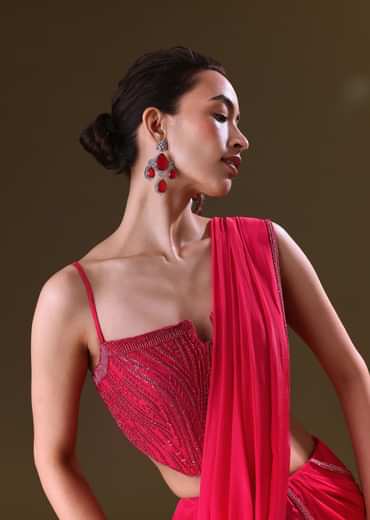 Reddish Pink Pre Stitched Draped Saree With Corset Fit Embroidered Blouse