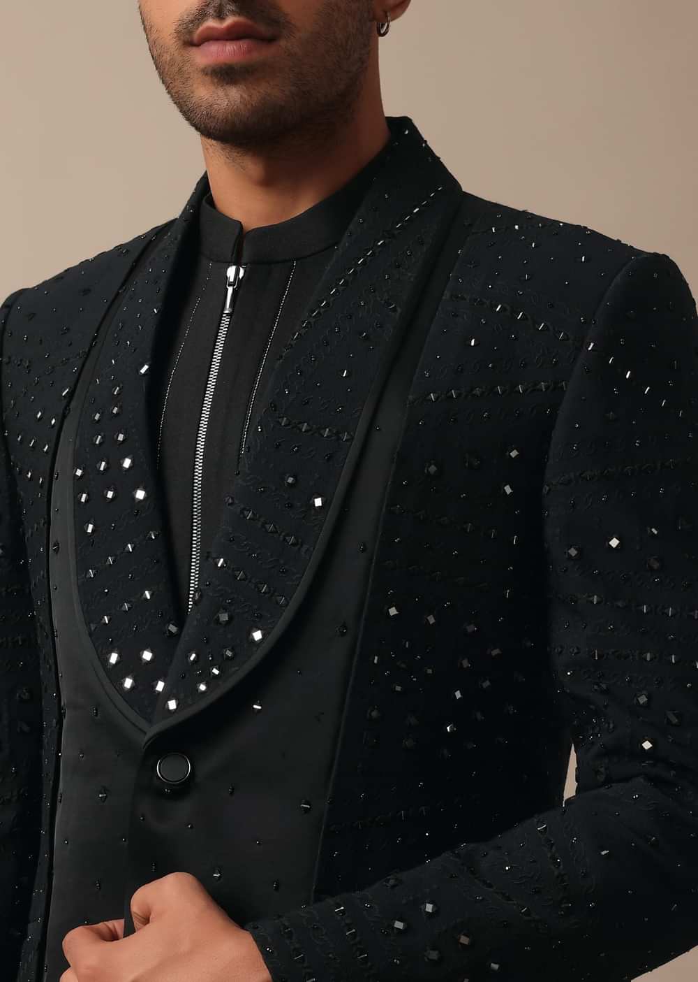 Refined Black Tuxedo Adorned with Intricate All Over Embroidery