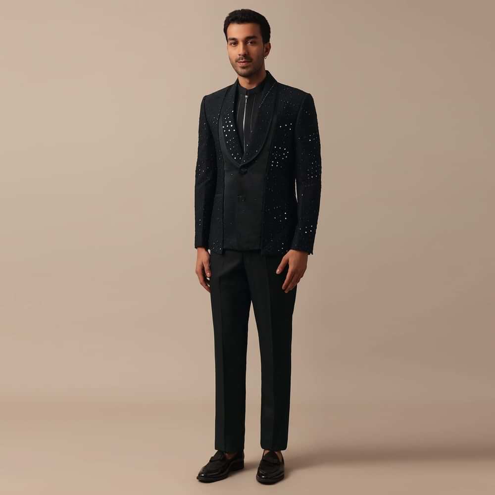 Refined Black Tuxedo Adorned with Intricate All Over Embroidery