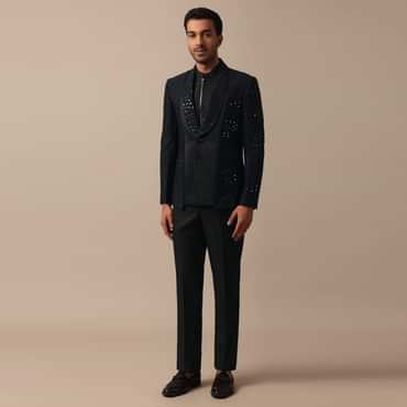 Refined Black Tuxedo Adorned with Intricate All Over Embroidery