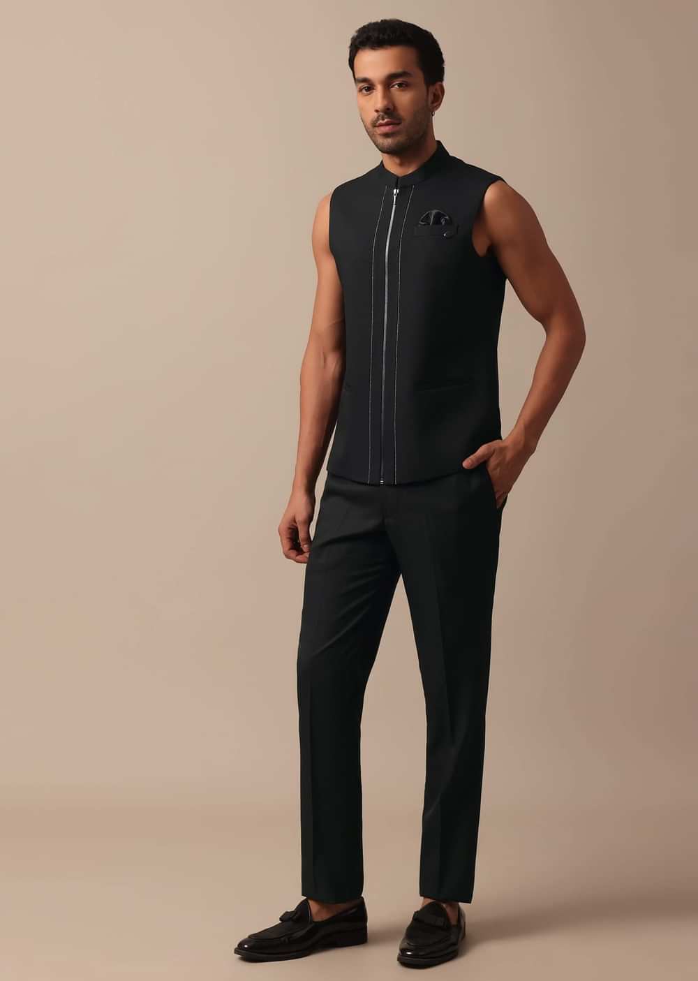 Refined Black Tuxedo Adorned with Intricate All Over Embroidery