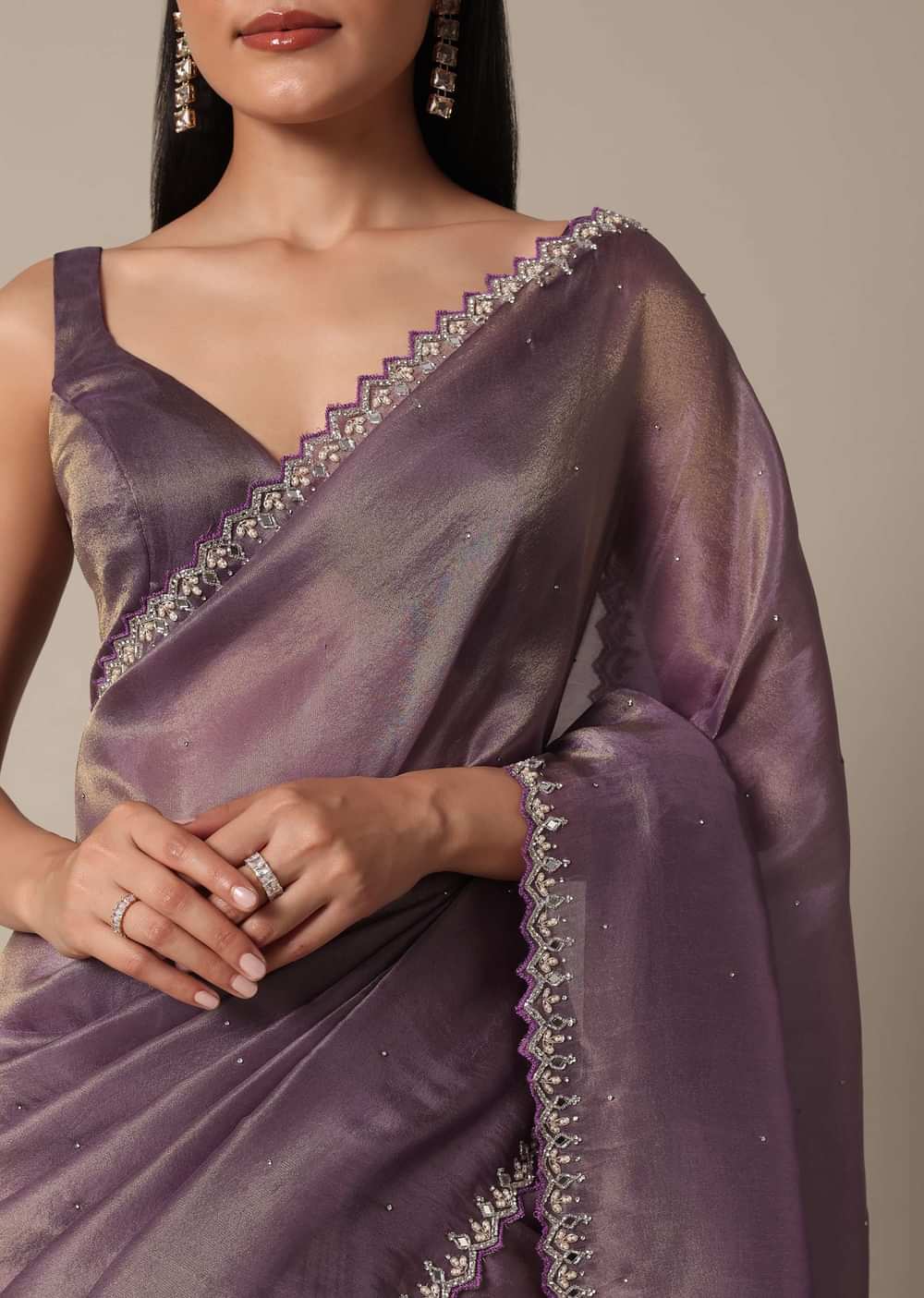 Regal Purple Saree With Mirror and Stone Scallop Border