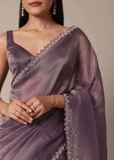 Regal Purple Saree With Mirror and Stone Scallop Border