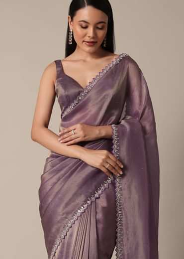 Regal Purple Saree With Mirror and Stone Scallop Border