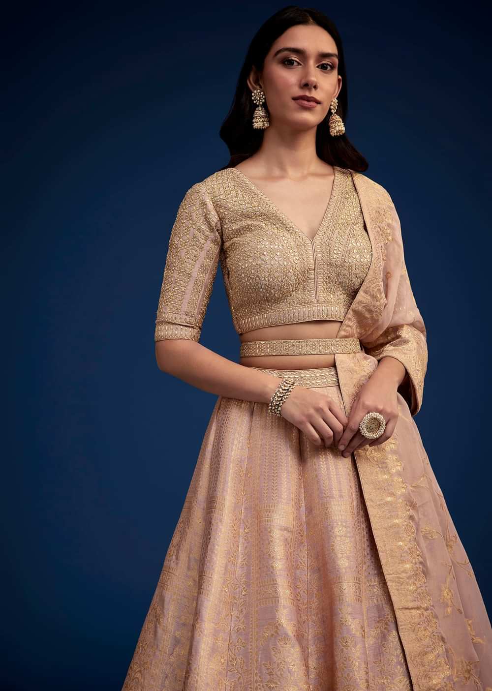 Rose Gold Brocade Lehenga Set With Belt