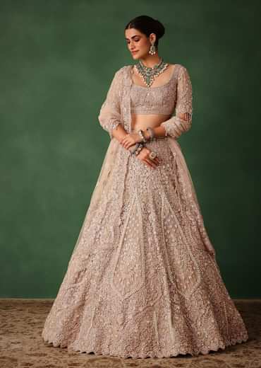 Rose Gold Hand Embroidered Lehenga Set With Dupatta