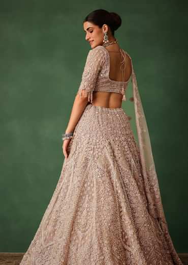 Rose Gold Hand Embroidered Lehenga Set With Dupatta