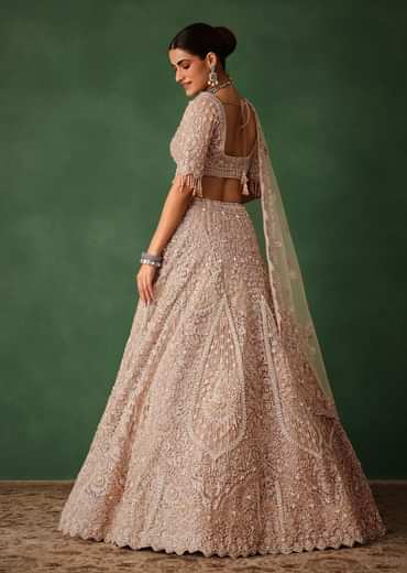 Rose Gold Hand Embroidered Lehenga Set With Dupatta