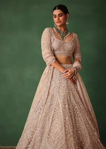 Rose Gold Hand Embroidered Lehenga Set With Dupatta