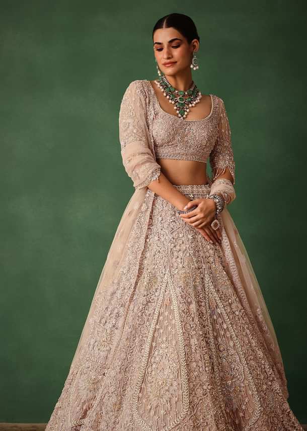 Rose Gold Hand Embroidered Lehenga Set With Dupatta