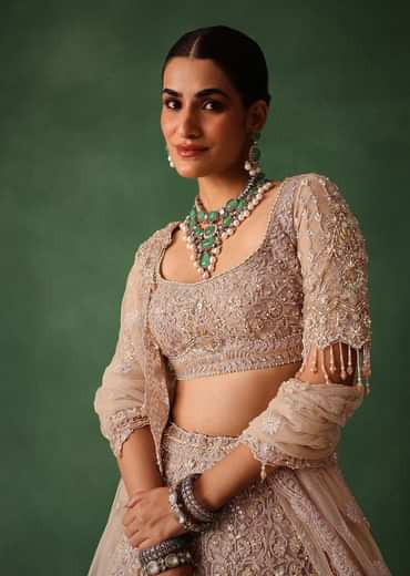 Rose Gold Hand Embroidered Lehenga Set With Dupatta