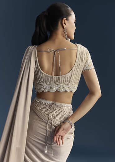 Rose Gold Ready Pleated Saree With Moti Work