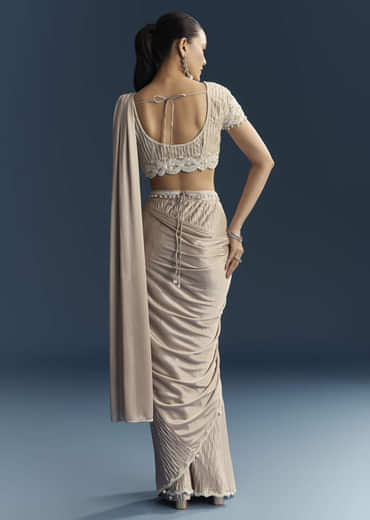 Rose Gold Ready Pleated Saree With Moti Work