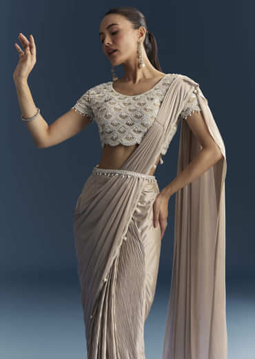 Rose Gold Ready Pleated Saree With Moti Work