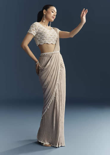 Rose Gold Ready Pleated Saree With Moti Work