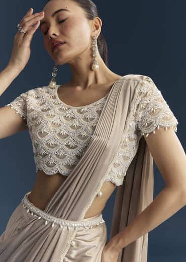 Rose Gold Ready Pleated Saree With Moti Work