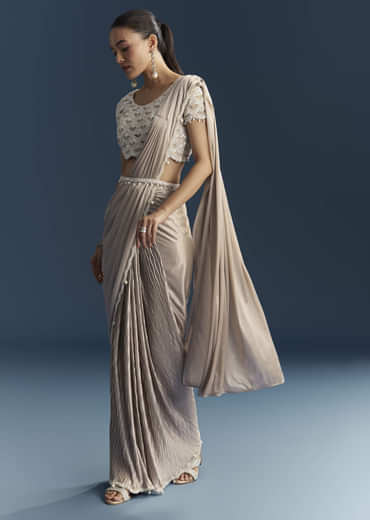 Rose Gold Ready Pleated Saree With Moti Work