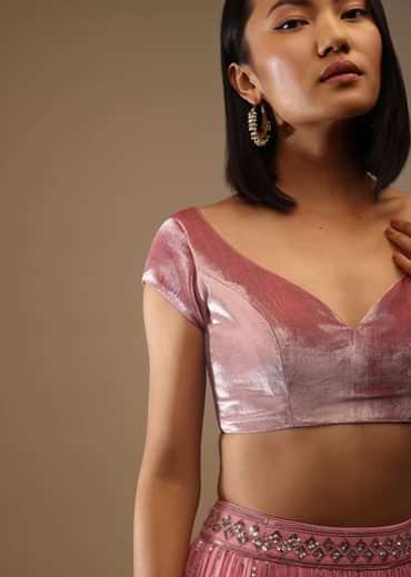 Rose Gold Velvet Blouse In Cap Sleeves With A Sweetheart Neckline Padded And A Back Hooks Closure