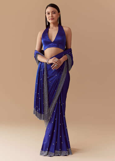 Royal Blue Mirror Embellished Saree with Unstitched Blouse