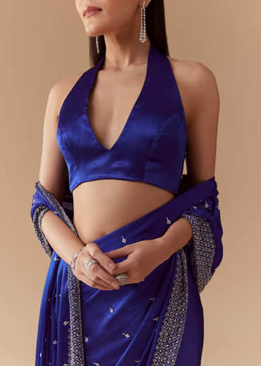 Royal Blue Mirror Embellished Saree with Unstitched Blouse