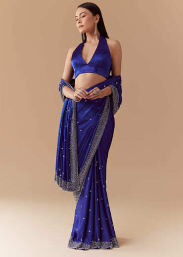 Royal Blue Mirror Embellished Saree with Unstitched Blouse
