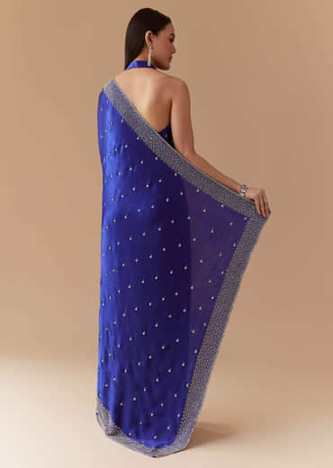 Royal Blue Mirror Embellished Saree with Unstitched Blouse