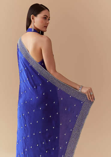 Royal Blue Mirror Embellished Saree with Unstitched Blouse