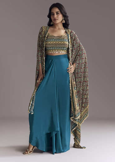 Royal Blue Printed Crop Top Skirt Set With Ajrakh Cape