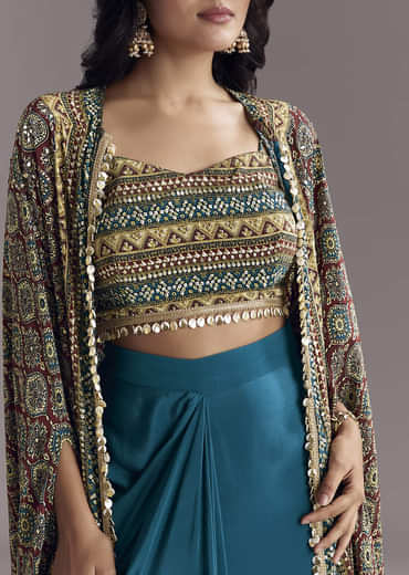 Royal Blue Printed Crop Top Skirt Set With Ajrakh Cape