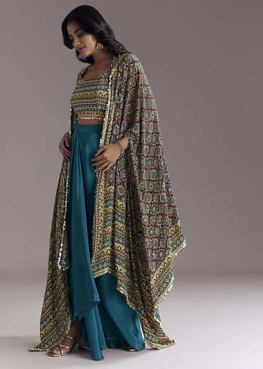Royal Blue Printed Crop Top Skirt Set With Ajrakh Cape