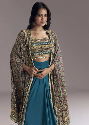 Royal Blue Printed Crop Top Skirt Set With Ajrakh Cape