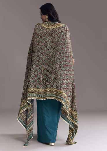 Royal Blue Printed Crop Top Skirt Set With Ajrakh Cape