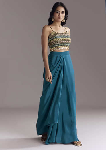 Royal Blue Printed Crop Top Skirt Set With Ajrakh Cape