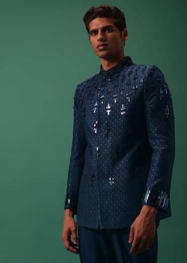 Royal Blue Bandhgala Jacket Set With Hand Embroidery