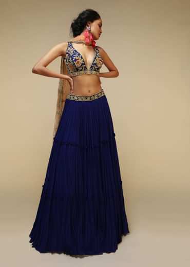 Royal Blue Lehenga Choli With Plunging Neckline And Hand Embroidered Using Multi Colored Beads And Resham
