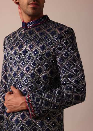 Royal Blue Silk Sherwani With Intricate Neckline Embroidery