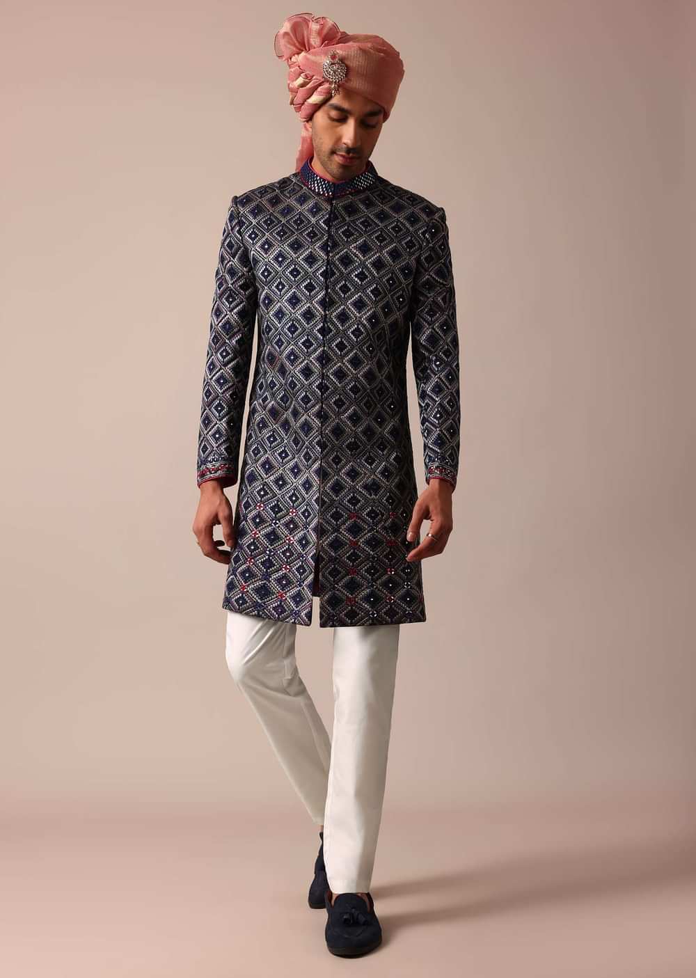 Royal Blue Silk Sherwani With Intricate Neckline Embroidery
