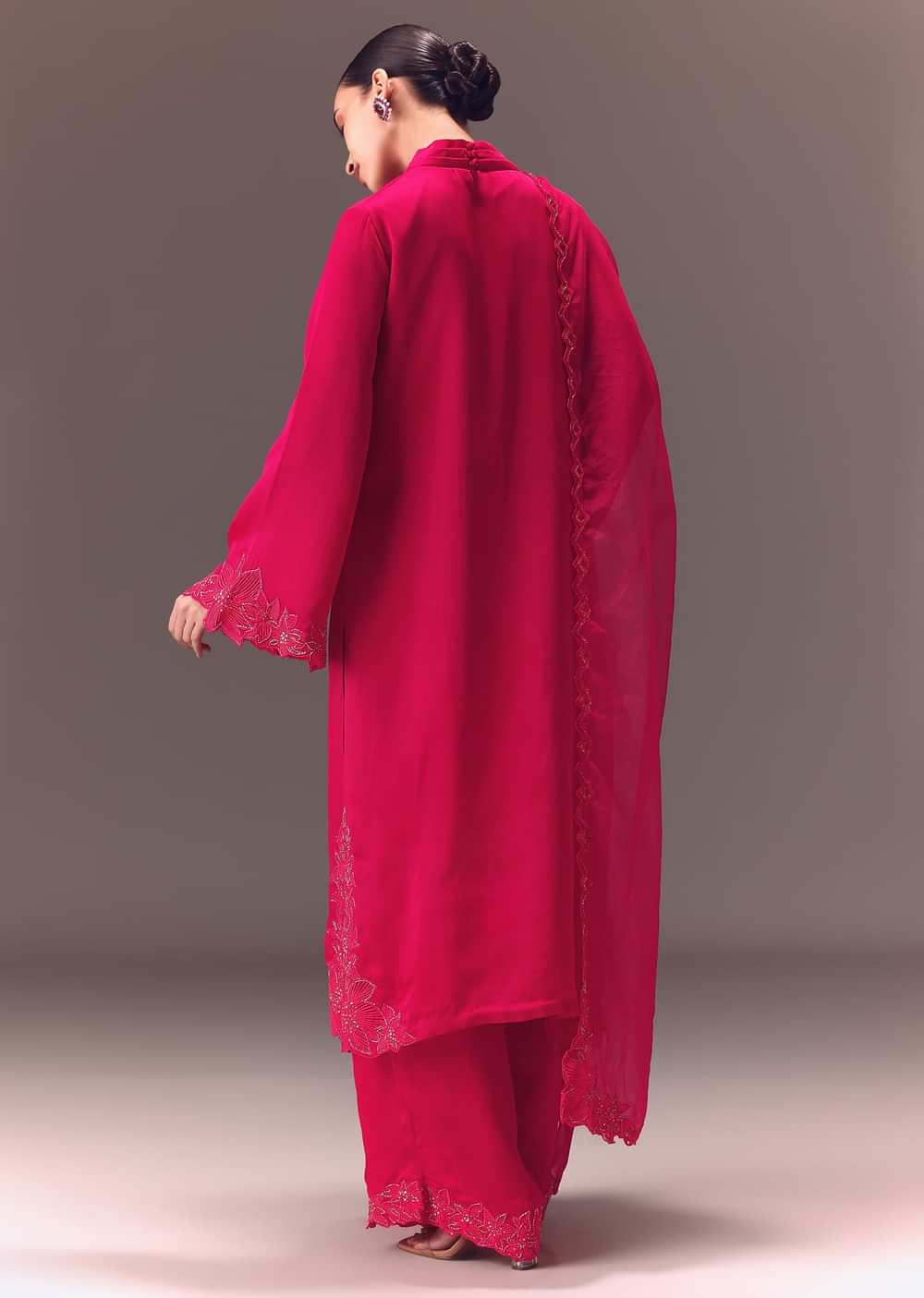 Ruby Pink Organza Kurta Set With Bell Sleeves