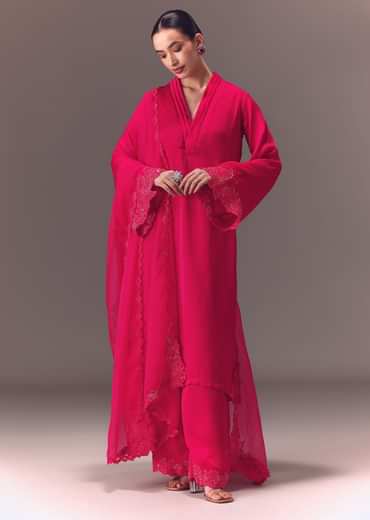 Ruby Pink Organza Kurta Set With Bell Sleeves